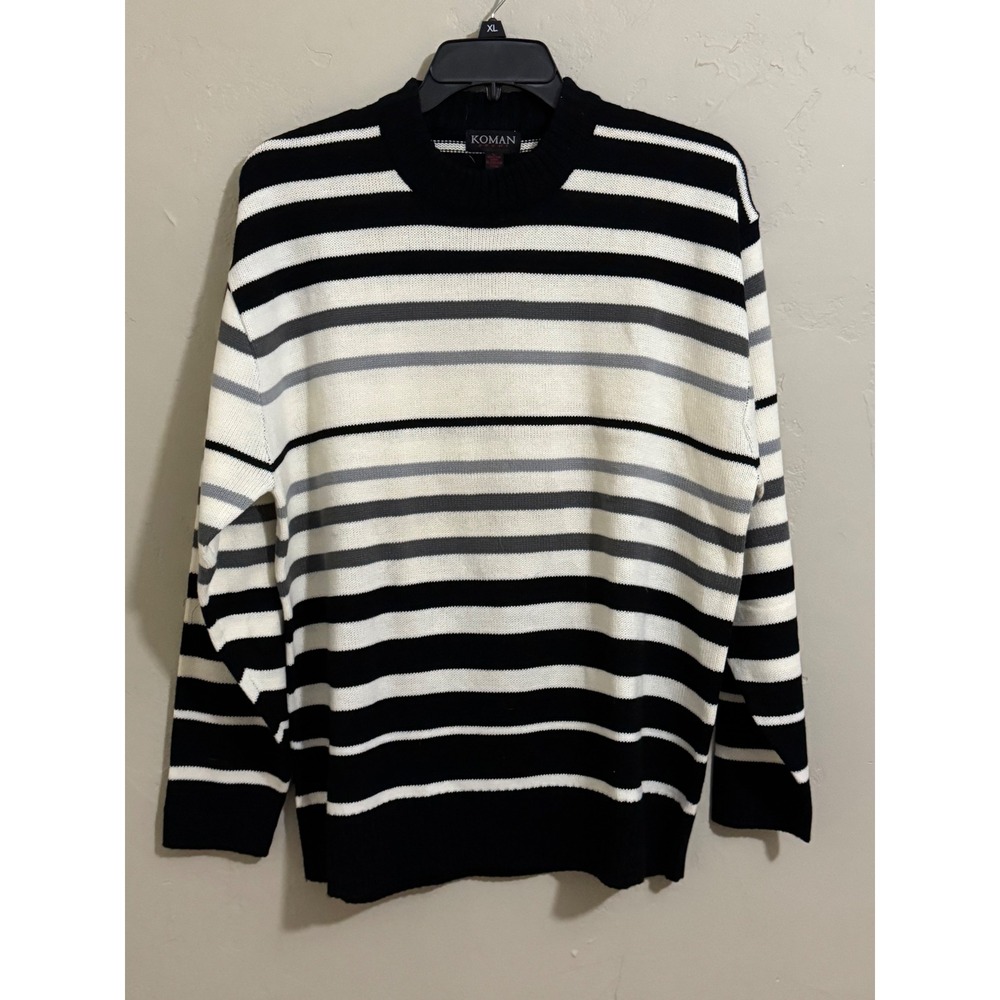 koman large striped sweater black white grey ombre crew neck chunky knit